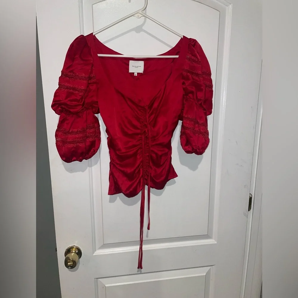 New! Reformation The Collection Winchester Puff Sleeve Blouse in Cherry Red 🍒 4